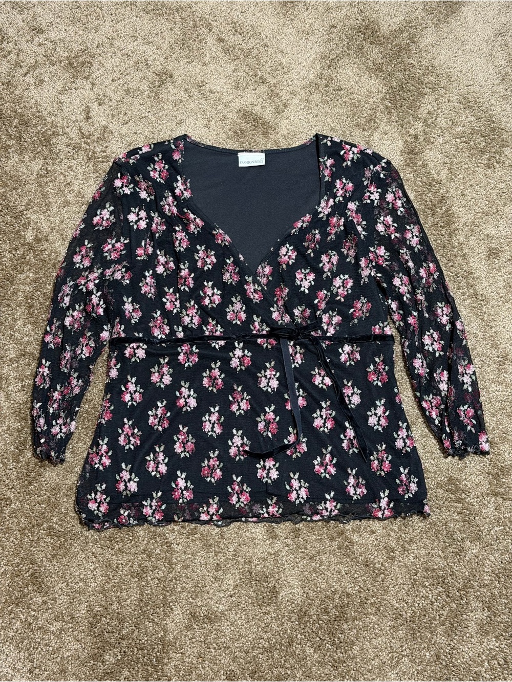 Fashion Bug Black Floral Wrap Top with Pink Blossoms